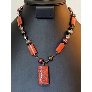 Chinese Carved Stone Pendant Stone Crystal Multi-Colored Pearl Bead Necklace